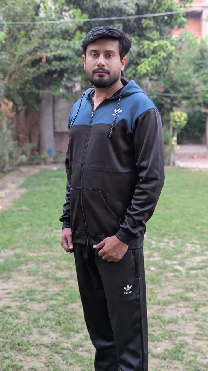 Men's Two-Tone Hooded Zipper Tracksuit - Black & Blue Fleece 280 GSM