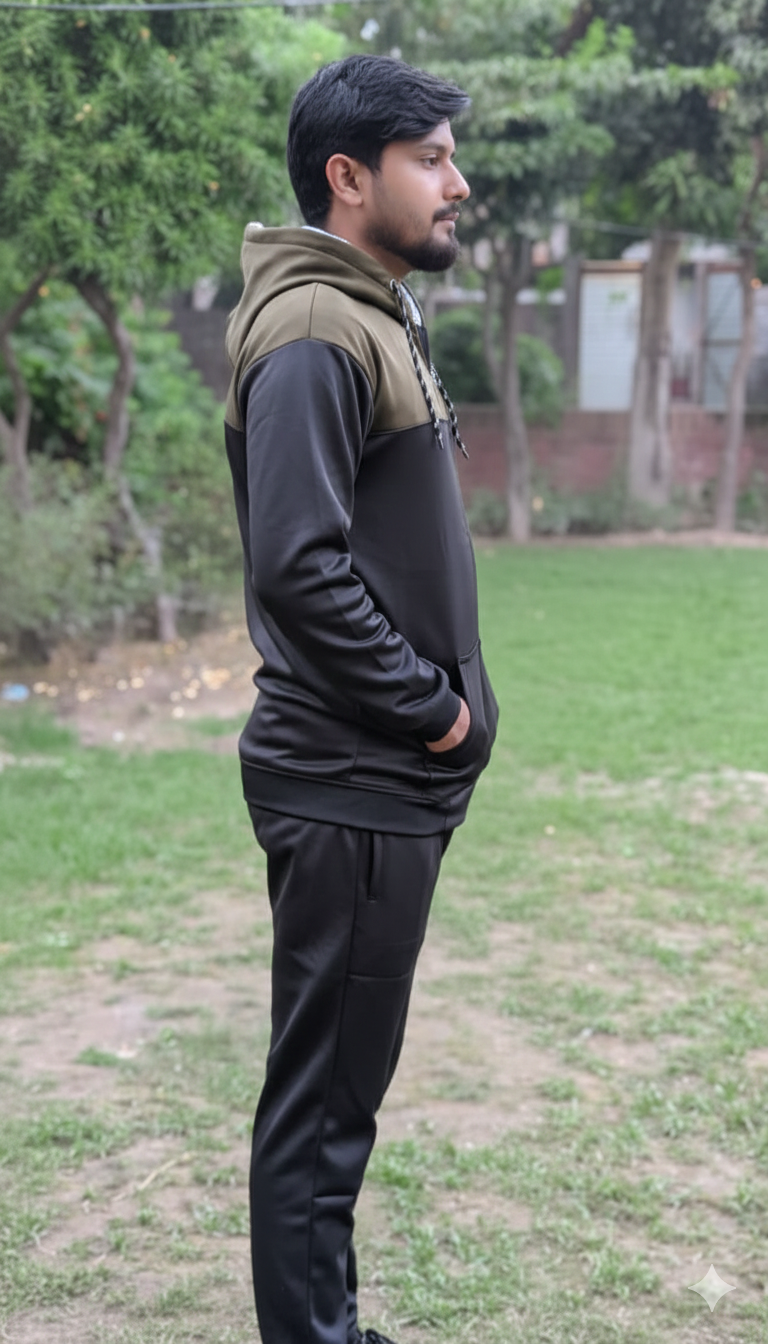 Men's Tactical Two-Tone Hooded Zipper Tracksuit - Black & Commando Color 280 GSM