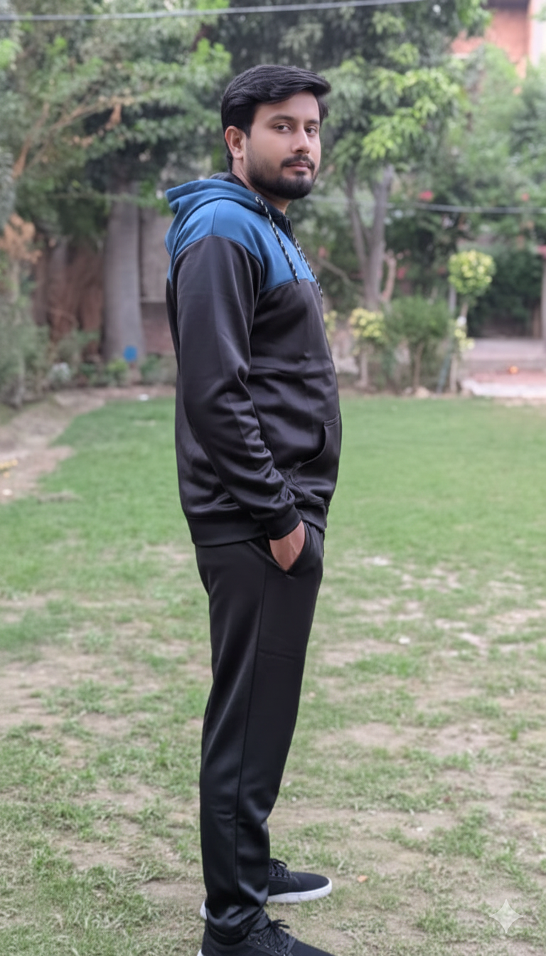 Men's Two-Tone Hooded Zipper Tracksuit - Black & Blue Fleece 280 GSM